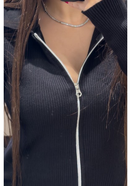 Polo Yaka Triko Fermuarlı Hırka- Siyah indirimleri