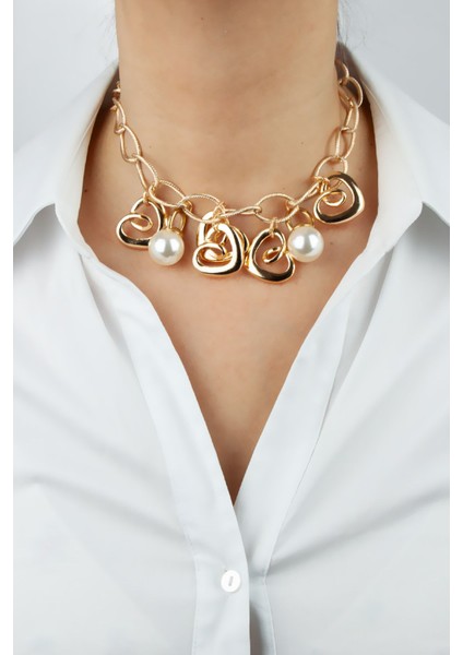 Kalp ve Inci Detay Kalın Zincir Gold Kadın Kolye