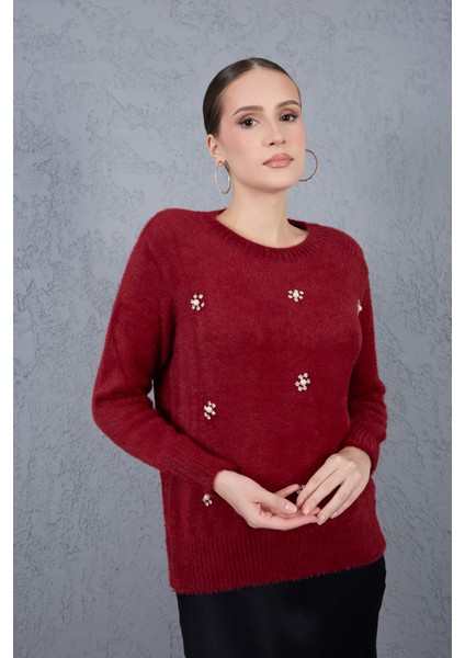 Kadın Bordo Sakal Iplik Taş ve Inci Detaylı Bisiklet Yaka Triko Kazak