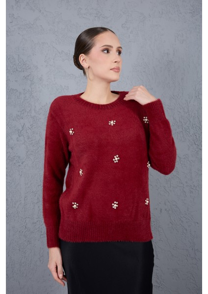 Kadın Bordo Sakal Iplik Taş ve Inci Detaylı Bisiklet Yaka Triko Kazak fiyatları