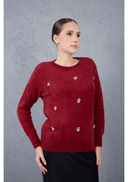 Kadın Bordo Sakal Iplik Taş ve Inci Detaylı Bisiklet Yaka Triko Kazak modelleri