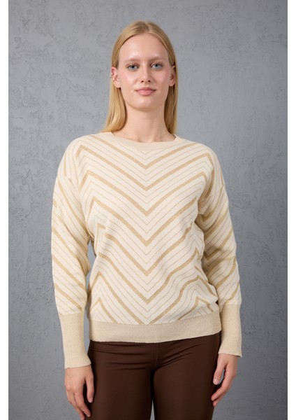 Kadın Ekru Geniş Manşetli Bisiklet Yaka Sim Desenli Triko Bluz