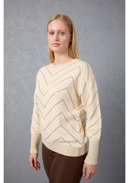 Kadın Ekru Geniş Manşetli Bisiklet Yaka Sim Desenli Triko Bluz fiyatları