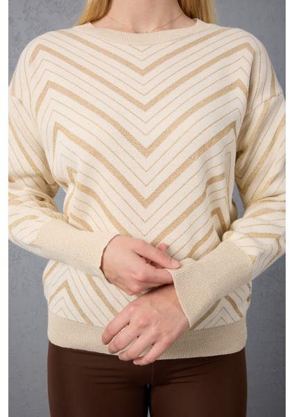 Kadın Ekru Geniş Manşetli Bisiklet Yaka Sim Desenli Triko Bluz modelleri