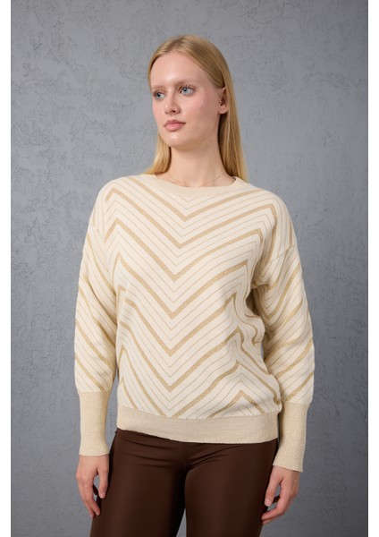 Kadın Ekru Geniş Manşetli Bisiklet Yaka Sim Desenli Triko Bluz fırsatları