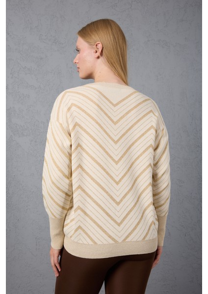 Kadın Ekru Geniş Manşetli Bisiklet Yaka Sim Desenli Triko Bluz indirimleri