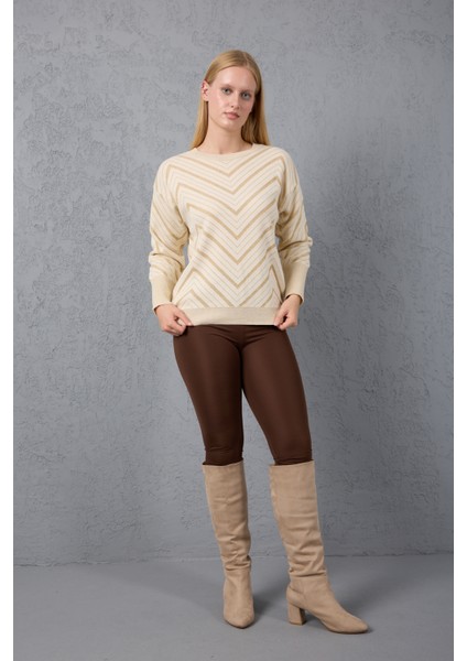 Kadın Ekru Geniş Manşetli Bisiklet Yaka Sim Desenli Triko Bluz