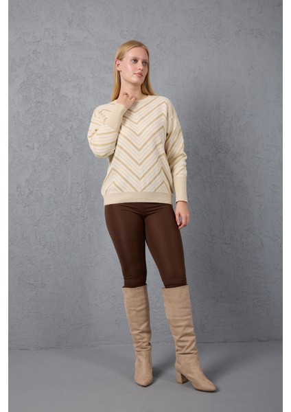 Kadın Ekru Geniş Manşetli Bisiklet Yaka Sim Desenli Triko Bluz