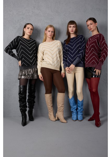 Kadın Ekru Geniş Manşetli Bisiklet Yaka Sim Desenli Triko Bluz