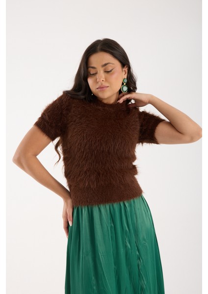 Kadın Acı Kahve Sakal Iplik Kısa Kollu Bisiklet Yaka Triko Kazak