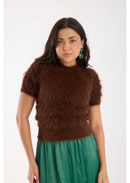 Kadın Acı Kahve Sakal Iplik Kısa Kollu Bisiklet Yaka Triko Kazak fiyatları