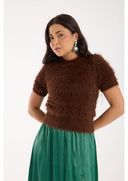 Kadın Acı Kahve Sakal Iplik Kısa Kollu Bisiklet Yaka Triko Kazak modelleri