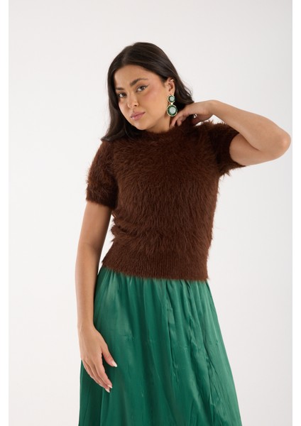 Kadın Acı Kahve Sakal Iplik Kısa Kollu Bisiklet Yaka Triko Kazak indirimleri