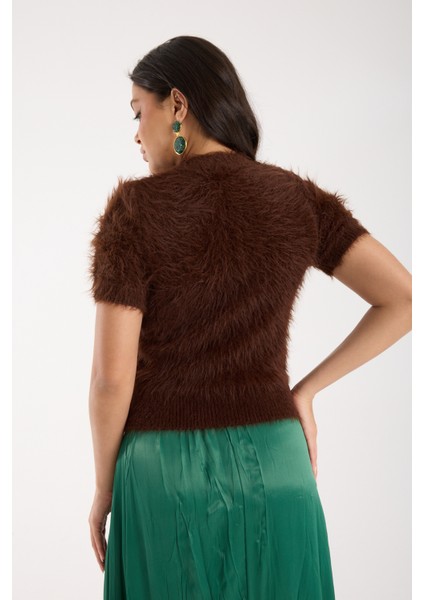 Kadın Acı Kahve Sakal Iplik Kısa Kollu Bisiklet Yaka Triko Kazak