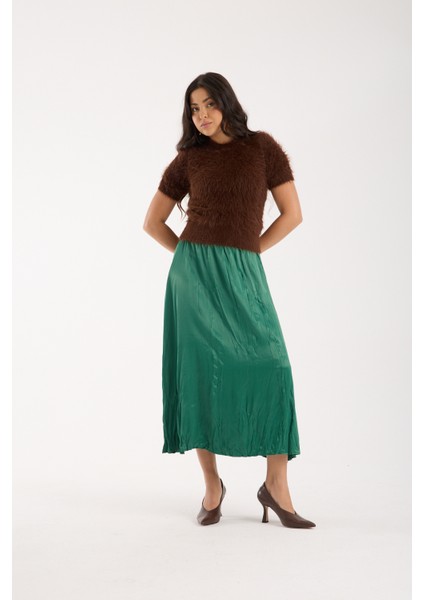 Kadın Acı Kahve Sakal Iplik Kısa Kollu Bisiklet Yaka Triko Kazak