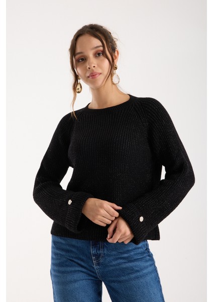 Kadın Siyah Reglan Kol ve Tek Düğmeli Manşetler Bisiklet Yaka Simli Triko Kazak fiyatları