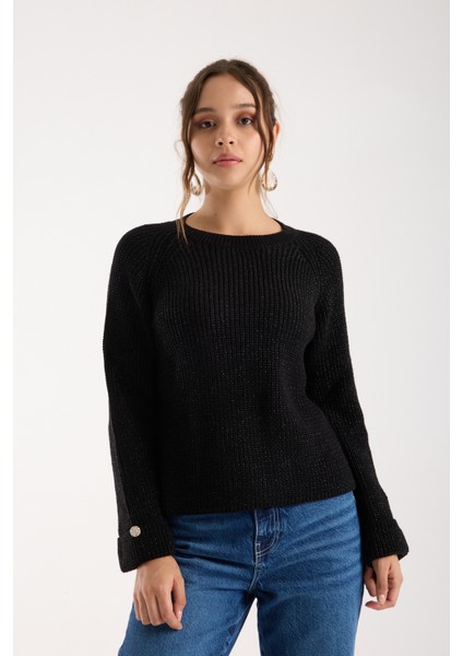 Kadın Siyah Reglan Kol ve Tek Düğmeli Manşetler Bisiklet Yaka Simli Triko Kazak modelleri