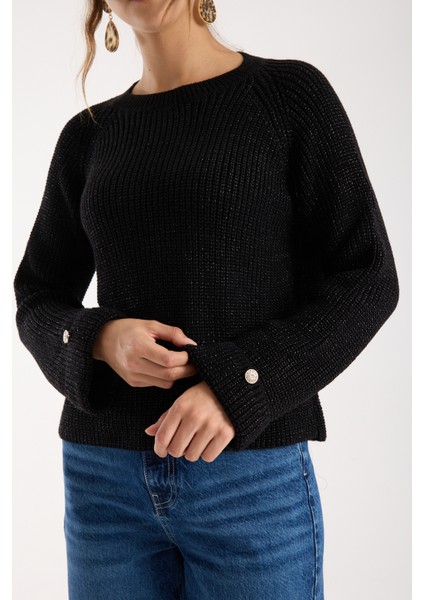 Kadın Siyah Reglan Kol ve Tek Düğmeli Manşetler Bisiklet Yaka Simli Triko Kazak fırsatları