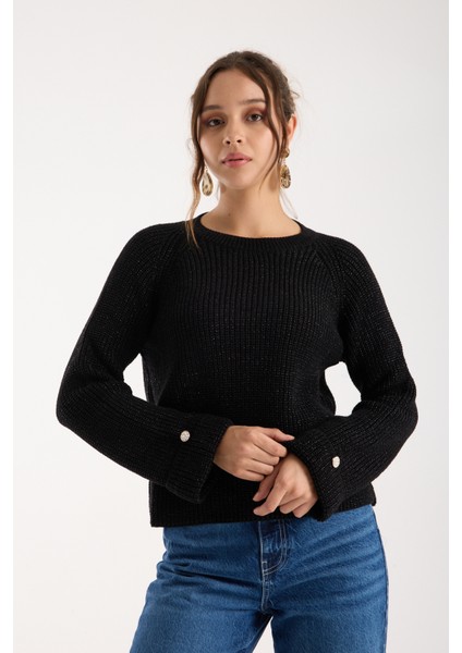 Kadın Siyah Reglan Kol ve Tek Düğmeli Manşetler Bisiklet Yaka Simli Triko Kazak indirimleri