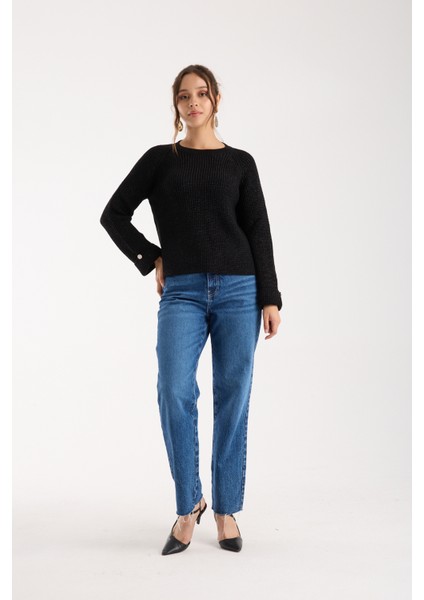 Kadın Siyah Reglan Kol ve Tek Düğmeli Manşetler Bisiklet Yaka Simli Triko Kazak