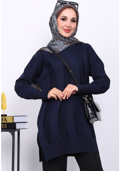 Lacivert Bisiklet Yaka Soğuk İplik Triko Tunik modelleri