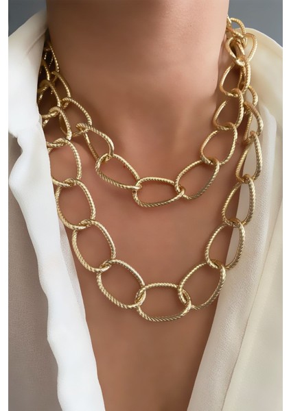 Kalın Zincir Çift Sıralı Gold Kolye