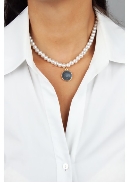 Mineli Gold Uçlu Cam Inci Kolye