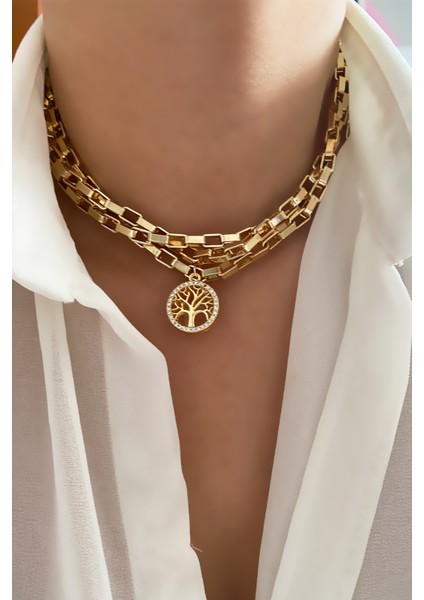 Üç Sıralı Geometrik Zincir Hayat Ağacı Kolye