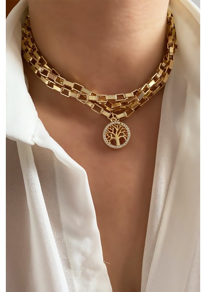 Üç Sıralı Geometrik Zincir Hayat Ağacı Kolye fiyatları