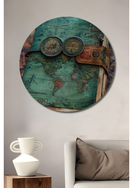 Antik Dünya Haritası Ahşap Tablo Eski Pusula Dekoratif Sanat Yuvarlak Tablo