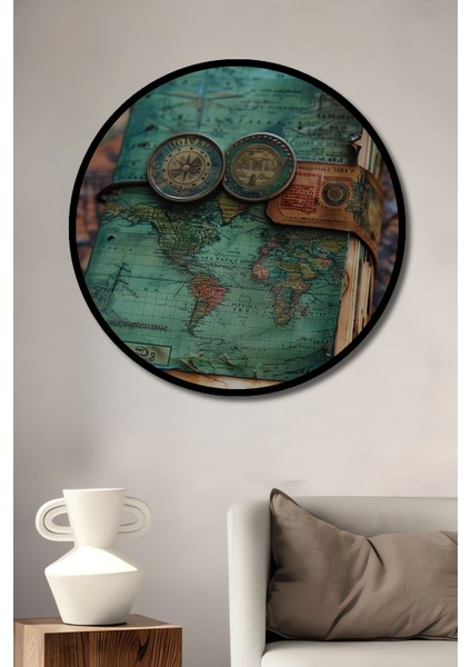 Antik Dünya Haritası Ahşap Tablo Eski Pusula Dekoratif Sanat Yuvarlak Tablo fiyatları