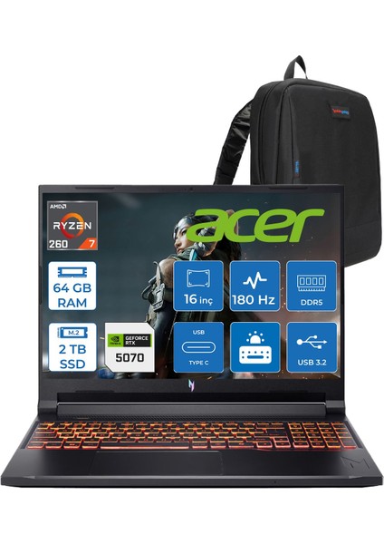Nitro V 16S Aı Amd Ryzen™ 7 260 64GB Ddr5 2tb SSD 8GB/RTX5070 95W 16"qhd+ 2560X1600 180Hz IPS Freedos Gaming Bilgisayar. NHQYYEY001F19+ZETTAÇANTA