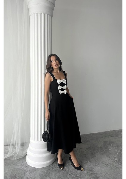 Siyah Fiyonk Garnili Dantelli Elbise modelleri