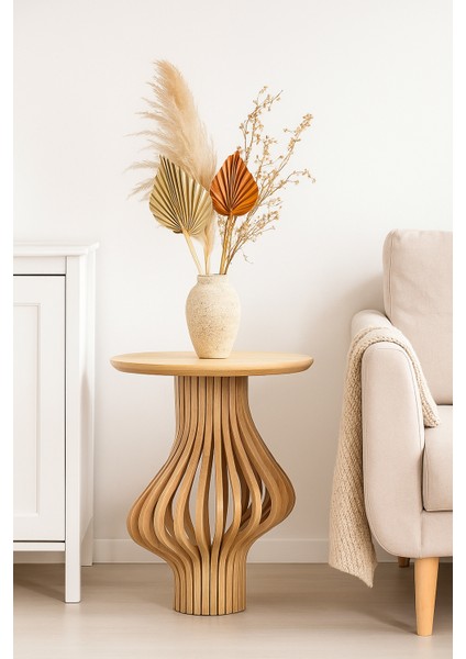 Palermo Yuvarlak Modern Klasik Rustik Retro Vintage Naturel Dekoratif Ahşap Çıtalı Yan Mantar Sehpa