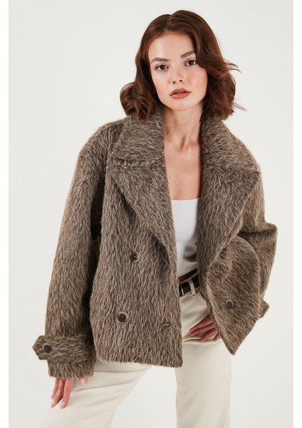 Oversize Kruvaze Yaka Yumuşak Tüylü Düğmeli Astarlı Mont Bayan Mont 6839659
