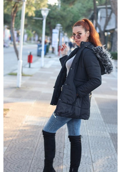 Kışlık Yaka Kürklü Uzun Kadın Şişme Mont