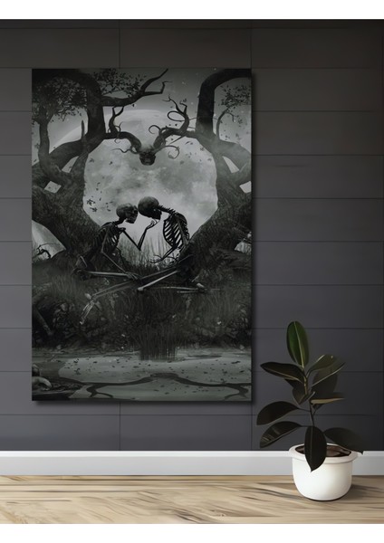 Kara Kalem Görünümlü Ahşap Dekoratif Tablo Kurukafa Aşkı ve Bohem Sanat Dikdörtgen Tablo