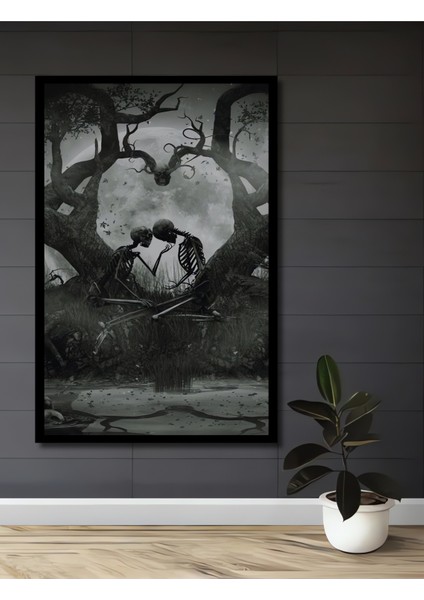 Kara Kalem Görünümlü Ahşap Dekoratif Tablo Kurukafa Aşkı ve Bohem Sanat Dikdörtgen Tablo fiyatları