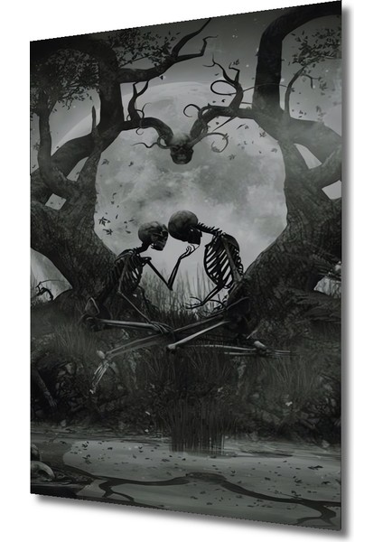 Kara Kalem Görünümlü Ahşap Dekoratif Tablo Kurukafa Aşkı ve Bohem Sanat Dikdörtgen Tablo modelleri