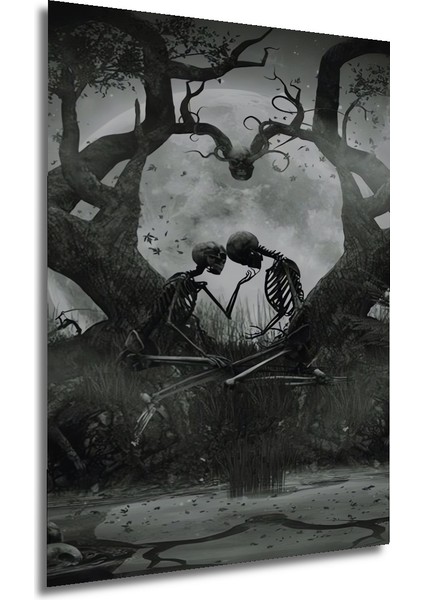 Kara Kalem Görünümlü Ahşap Dekoratif Tablo Kurukafa Aşkı ve Bohem Sanat Dikdörtgen Tablo fırsatları