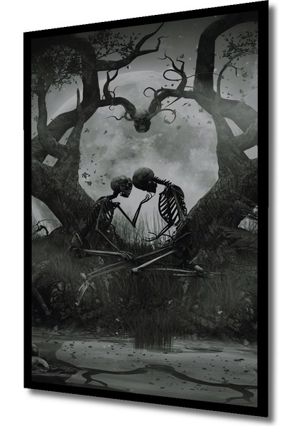 Kara Kalem Görünümlü Ahşap Dekoratif Tablo Kurukafa Aşkı ve Bohem Sanat Dikdörtgen Tablo indirimleri