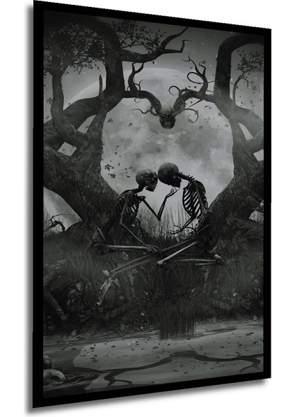 Kara Kalem Görünümlü Ahşap Dekoratif Tablo Kurukafa Aşkı ve Bohem Sanat Dikdörtgen Tablo