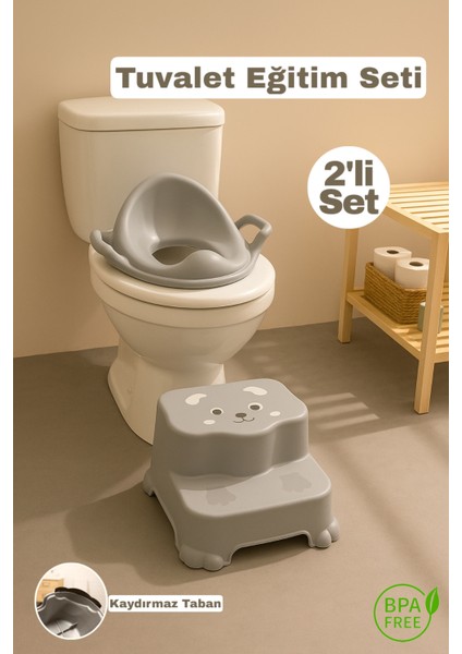2'li Tuvalet Eğitim Seti - Basamaklı Çocuk Taburesi ve Kulplu Klozet Adaptörü