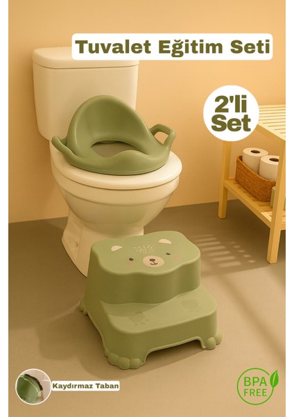 2'li Tuvalet Eğitim Seti - Basamaklı Çocuk Taburesi ve Kulplu Klozet Adaptörü