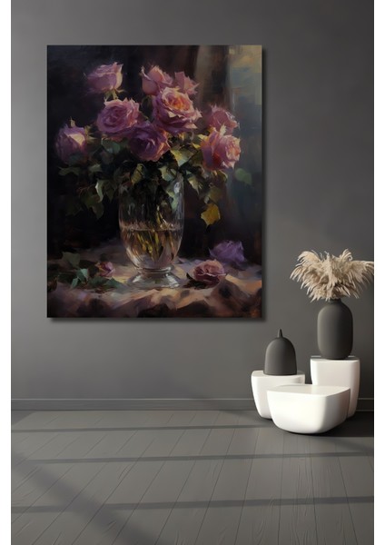 Büyülü Gül Buketi Yağlı Boya Görünümlü Ahşap Dekoratif Tablo Dikdörtgen Tablo