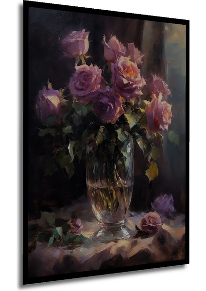 Büyülü Gül Buketi Yağlı Boya Görünümlü Ahşap Dekoratif Tablo Dikdörtgen Tablo