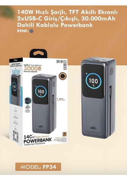 30000MAH 140W Hızlı Şarjlı Tft Ekranlı Kendinden Type-C Kablolu 2type-C 1usb Girişli Powerbank indirimleri