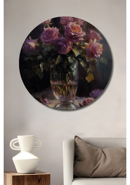 Büyülü Gül Buketi Yağlı Boya Görünümlü Ahşap Dekoratif Tablo Yuvarlak Tablo