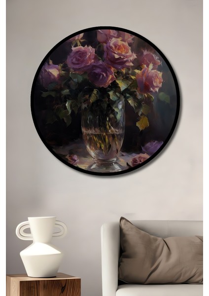 Büyülü Gül Buketi Yağlı Boya Görünümlü Ahşap Dekoratif Tablo Yuvarlak Tablo fiyatları