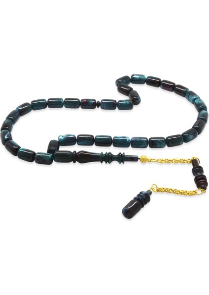 Altın Renk 925 Ayar Gümüş Püsküllü Imamesı Usta Işçilikli Kapsül Kesim Mavi Siyah Katalin Tesbih